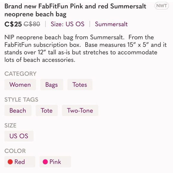 Brand New funfabfit Summersalt neoprene beach tote bag in pink and red - Picture 5 of 5